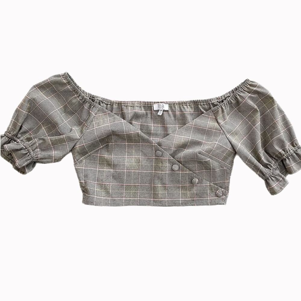 Tobi Off Shoulder Plaid Crop Top Sz S